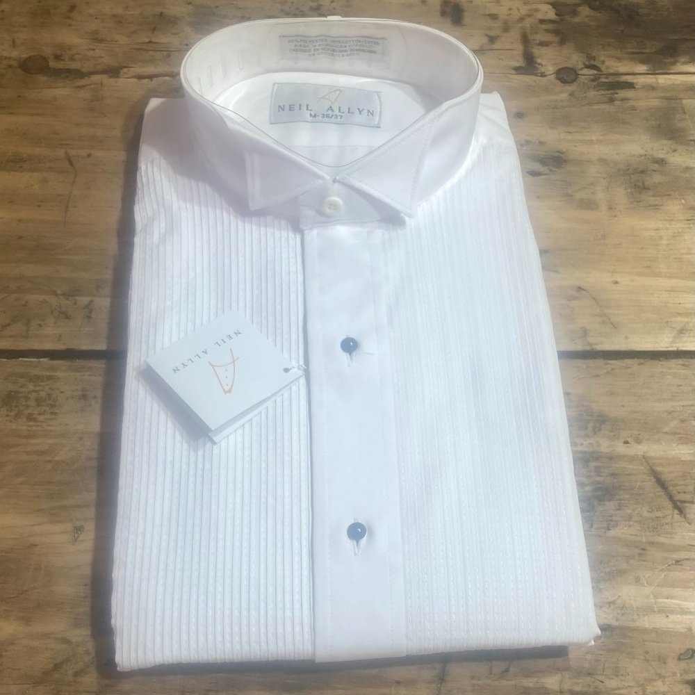 Men’s Brand New White Neil Allyn Wing Tuxedo Shirt - Black Tie